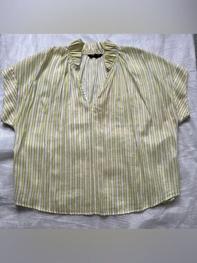 Banana Republic Yellow & White Striped Ruffle V-Neck Blouse